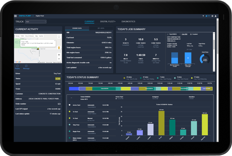 Power Analytics & Dashboards tablet inside the cab of a truck showing pour status